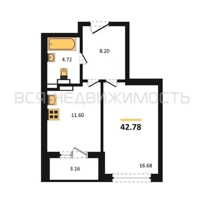 1-комнатная квартира, 42.78кв.м - изображение