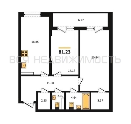 2-комнатная квартира, 81.23кв.м - изображение