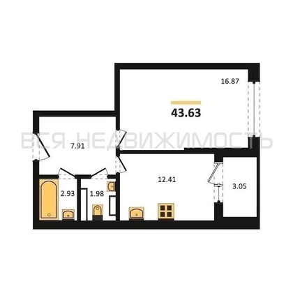 1-комнатная квартира, 43.63кв.м - изображение