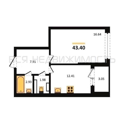 1-комнатная квартира, 43.4кв.м - изображение