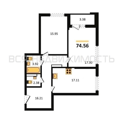 2-комнатная квартира, 74.56кв.м - изображение