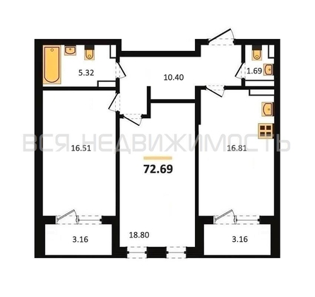 2-комнатная квартира, 72.69кв.м - изображение