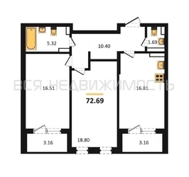 2-комнатная квартира, 72.69кв.м - изображение 1
