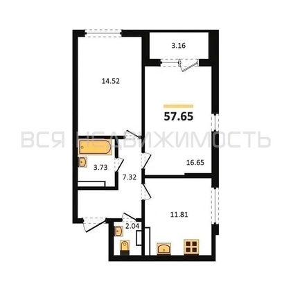 2-комнатная квартира, 57.65кв.м - изображение