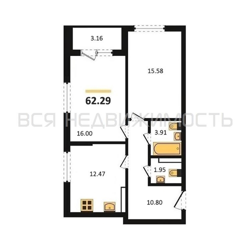 2-комнатная квартира, 62.13кв.м - изображение 0