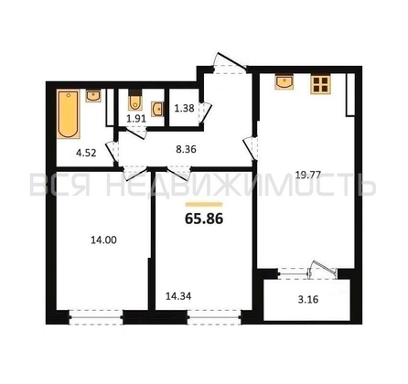 2-комнатная квартира, 65.86кв.м - изображение