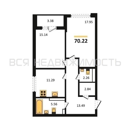2-комнатная квартира, 70.22кв.м - изображение