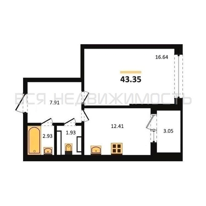 1-комнатная квартира, 43.35кв.м - изображение