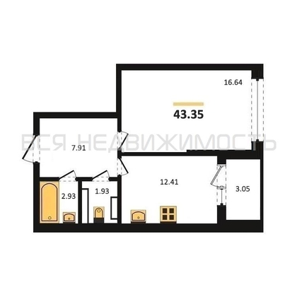 1-комнатная квартира, 43.35кв.м - изображение