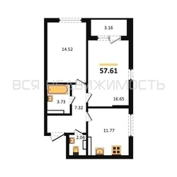 2-комнатная квартира, 57.61кв.м 2-комнатная квартира, 57.61кв.м - изображение 1