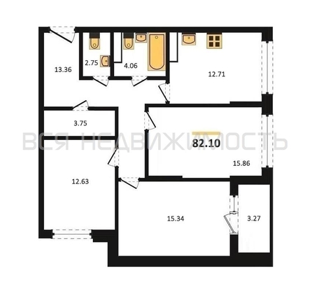 3-комнатная квартира, 82.1кв.м - изображение