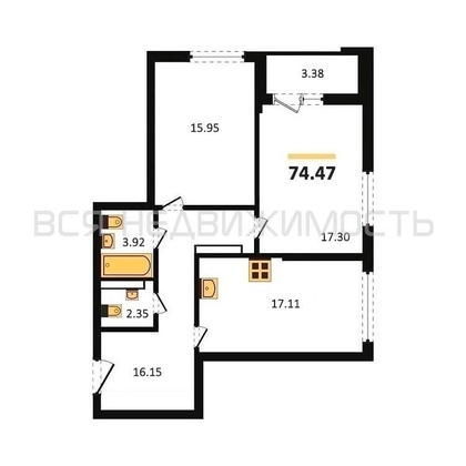 2-комнатная квартира, 74.47кв.м - изображение