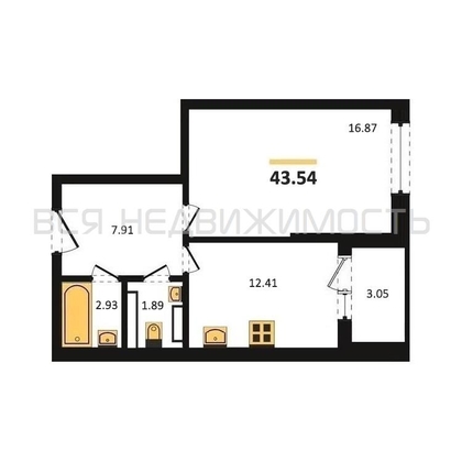 1-комнатная квартира, 43.54кв.м - изображение