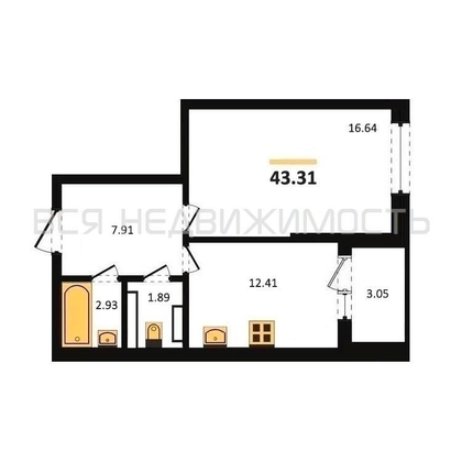 1-комнатная квартира, 43.31кв.м - изображение