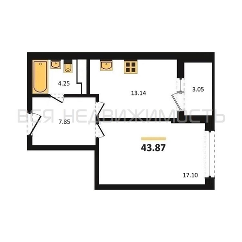 1-комнатная квартира, 43.87кв.м - изображение 0