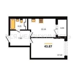 1-комнатная квартира, 43.87кв.м 1-комнатная квартира, 43.87кв.м - изображение 1