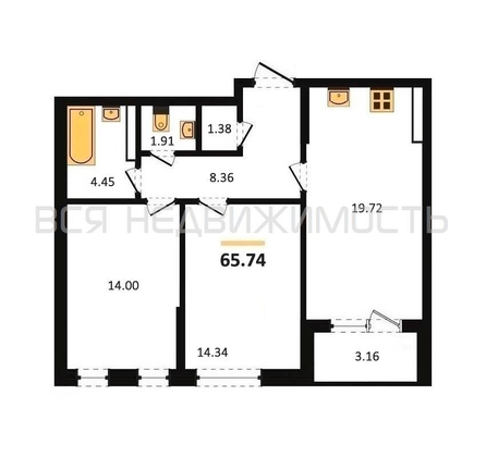 2-комнатная квартира, 65.74кв.м - изображение