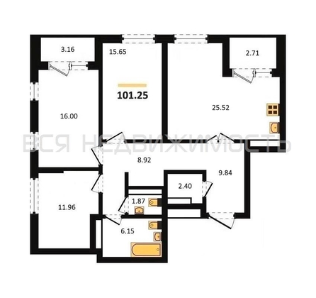 3-комнатная квартира, 101.25кв.м 3-комнатная квартира, 101.25кв.м - изображение