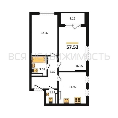 2-комнатная квартира, 57.53кв.м - изображение 0