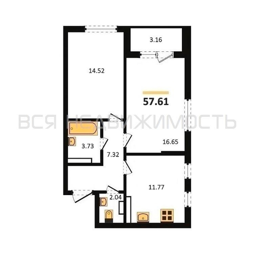 2-комнатная квартира, 57.61кв.м - изображение 0