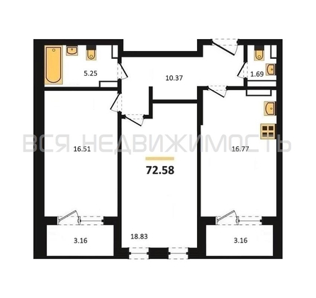 2-комнатная квартира, 72.58кв.м - изображение