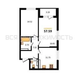 2-комнатная квартира, 57.59кв.м 2-комнатная квартира, 57.59кв.м - изображение 1