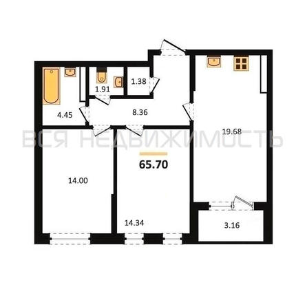 2-комнатная квартира, 65.7кв.м - изображение
