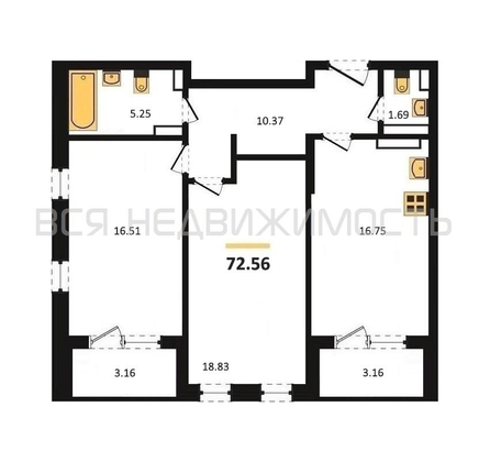 2-комнатная квартира, 72.56кв.м - изображение