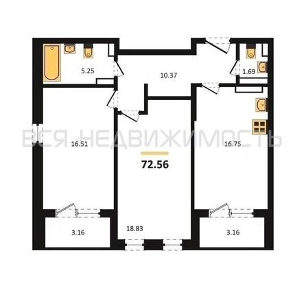 2-комнатная квартира, 72.56кв.м - изображение