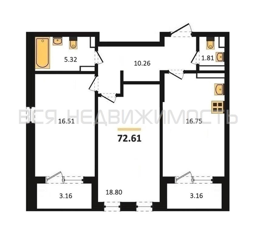 2-комнатная квартира, 72.61кв.м - изображение 0