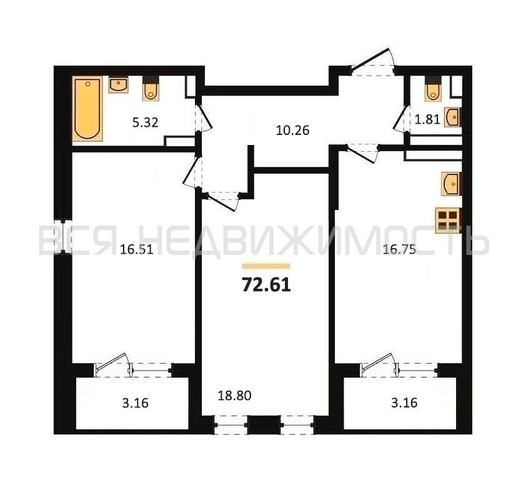 2-комнатная квартира, 72.61кв.м - изображение 0