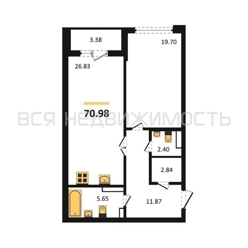 1-комнатная квартира, 70.98кв.м - изображение 0