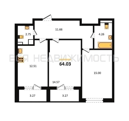 2-комнатная квартира, 64.03кв.м - изображение