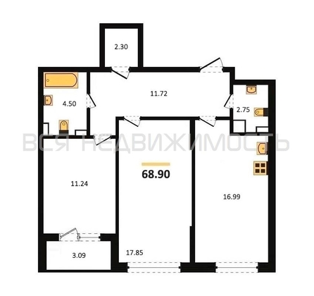 2-комнатная квартира, 68.9кв.м - изображение