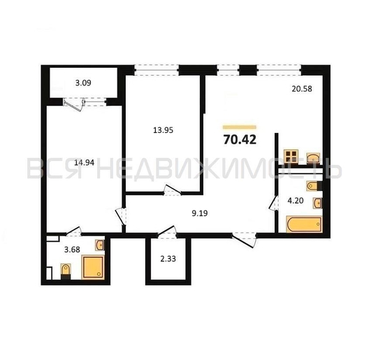2-комнатная квартира, 70.42кв.м - изображение 0