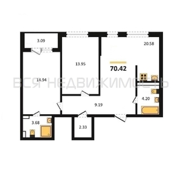 2-комнатная квартира, 70.42кв.м - изображение 1