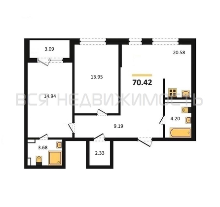 2-комнатная квартира, 70.42кв.м - изображение