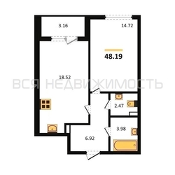 1-комнатная квартира, 48.19кв.м 1-комнатная квартира, 48.19кв.м - изображение 1