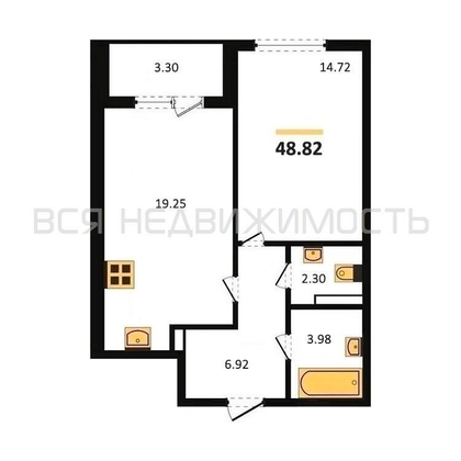 1-комнатная квартира, 48.82кв.м - изображение