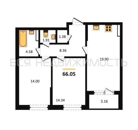 2-комнатная квартира, 66.05кв.м - изображение
