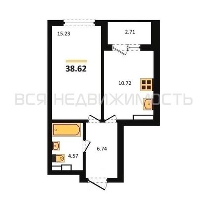1-комнатная квартира, 38.62кв.м - изображение