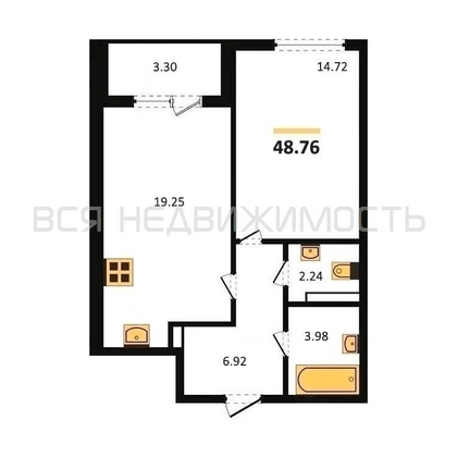 1-комнатная квартира, 48.76кв.м - изображение