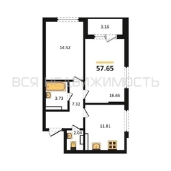 2-комнатная квартира, 57.65кв.м 2-комнатная квартира, 57.65кв.м - изображение 1