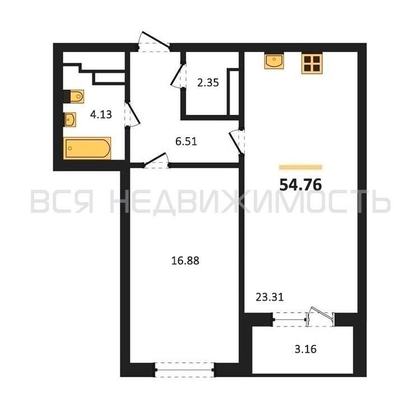 1-комнатная квартира, 54.76кв.м - изображение