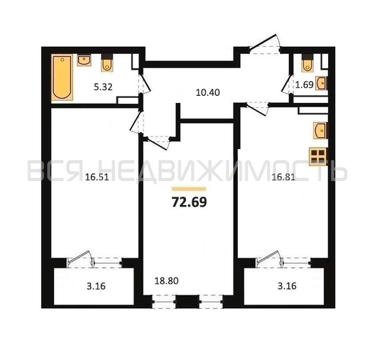 2-комнатная квартира, 72.69кв.м - изображение 0