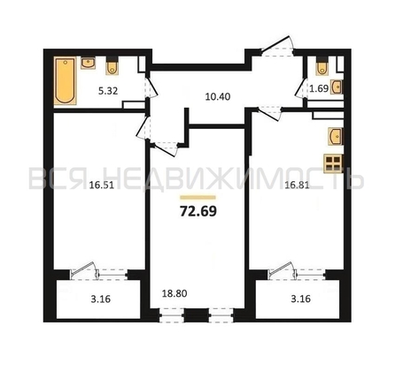2-комнатная квартира, 72.69кв.м - изображение