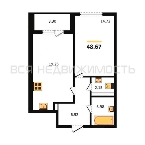 1-комнатная квартира, 48.67кв.м - изображение 0