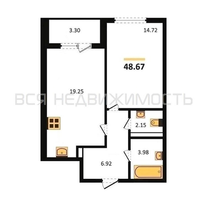 1-комнатная квартира, 48.67кв.м - изображение