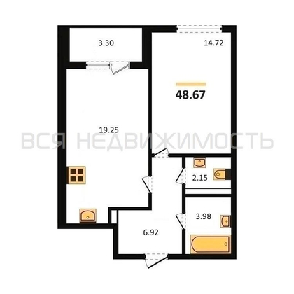 1-комнатная квартира, 48.67кв.м - изображение