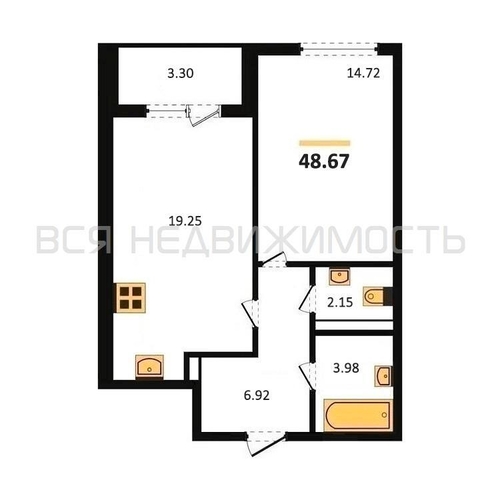 1-комнатная квартира, 48.67кв.м - изображение 0